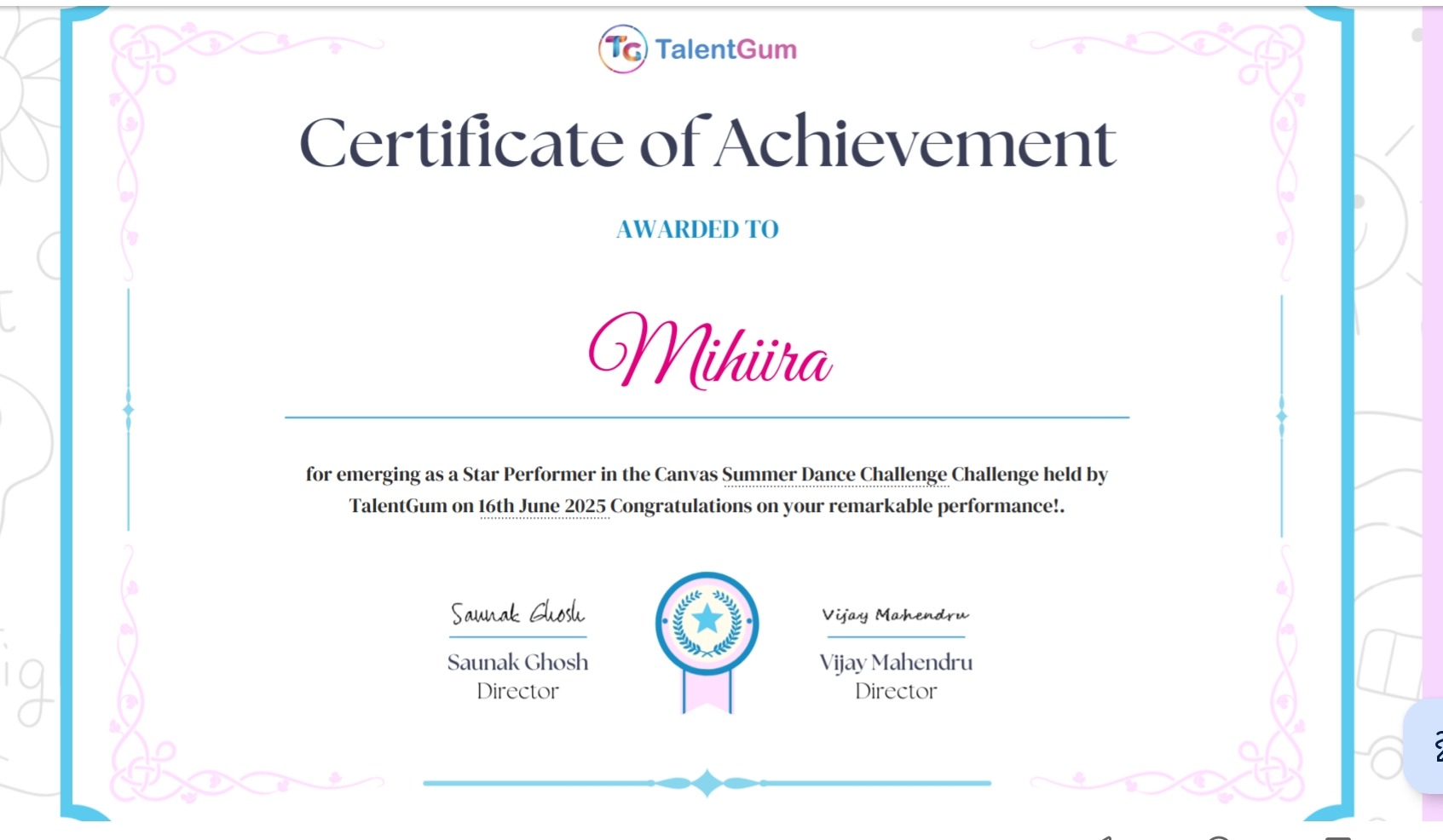 My Summer Dance Challenge award! 