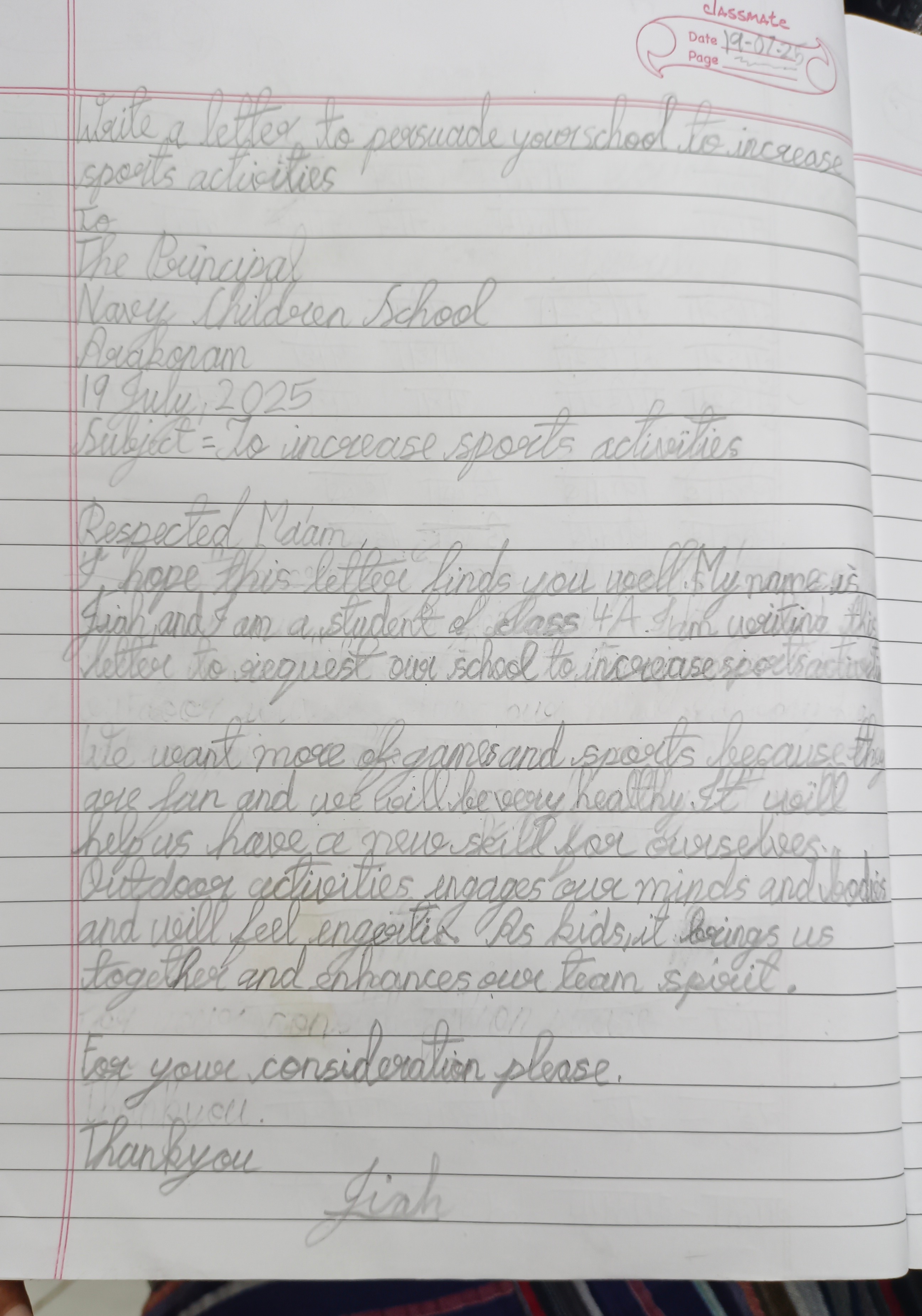 Letter to Principal persuading to increase sports activities