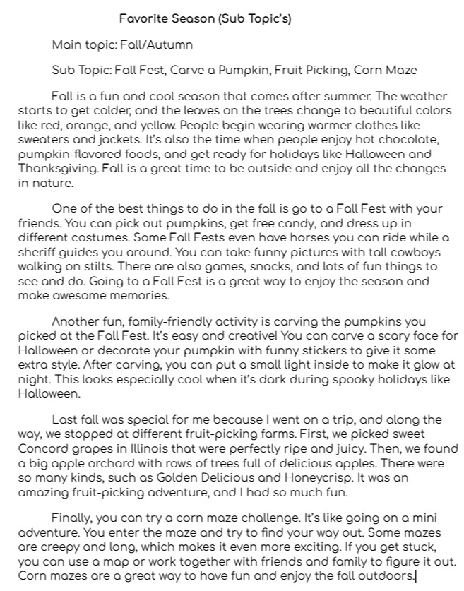Creative Writing HW - Favorite Season (Sub Topic's)