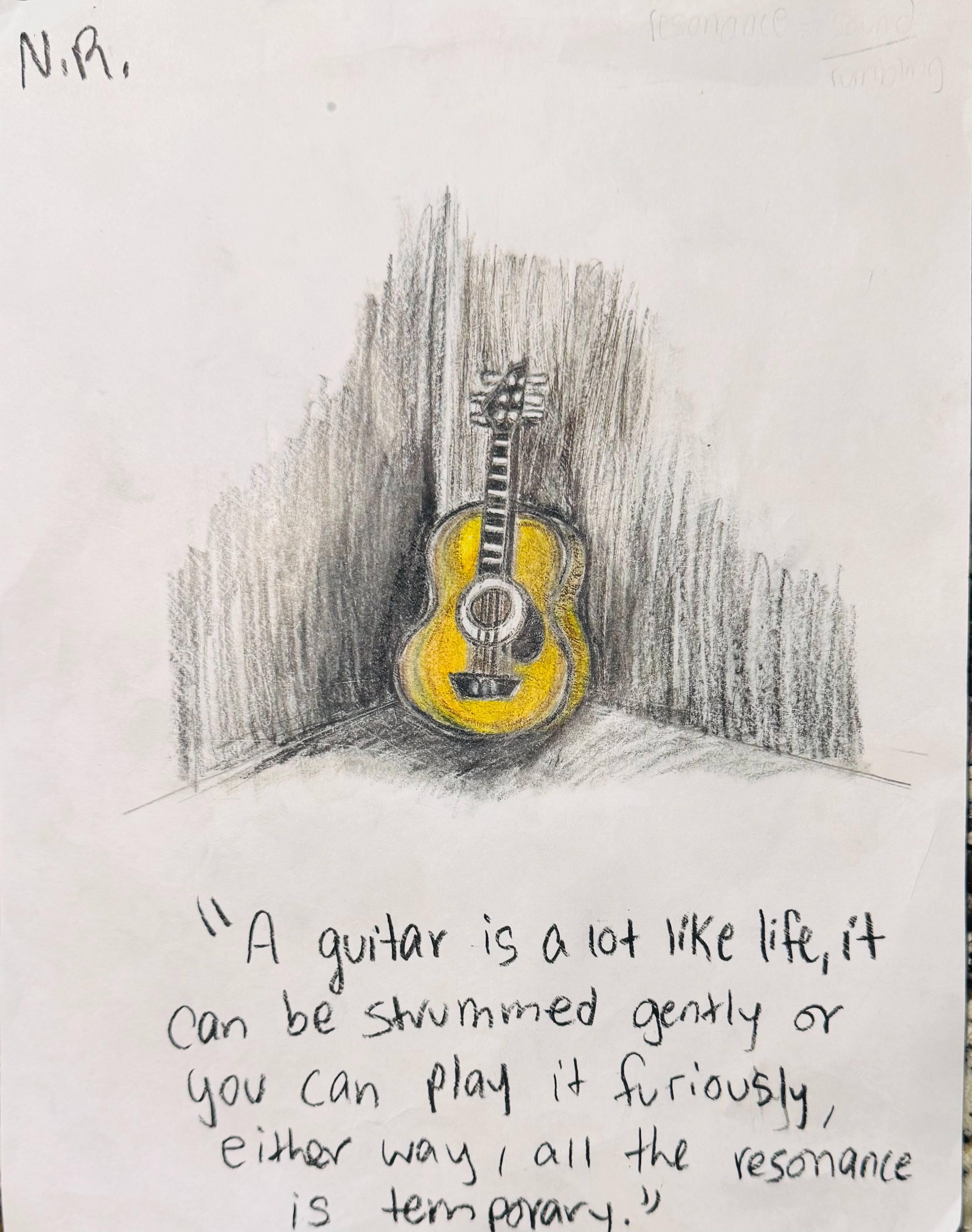 Guitar drawing with charcoal and graphite