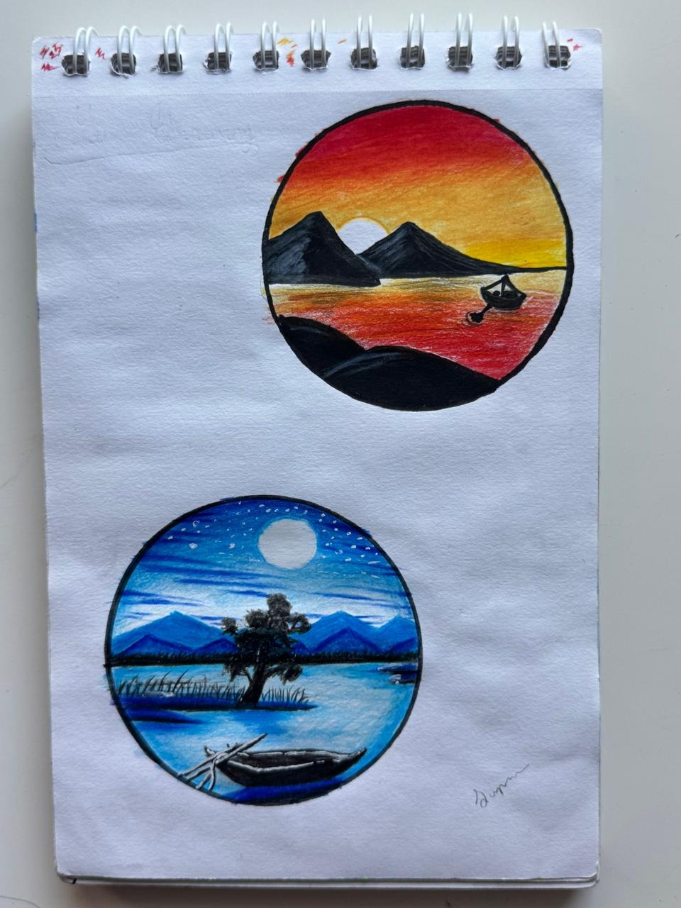 Sun Rise and Night View - Colour Pencil Art
