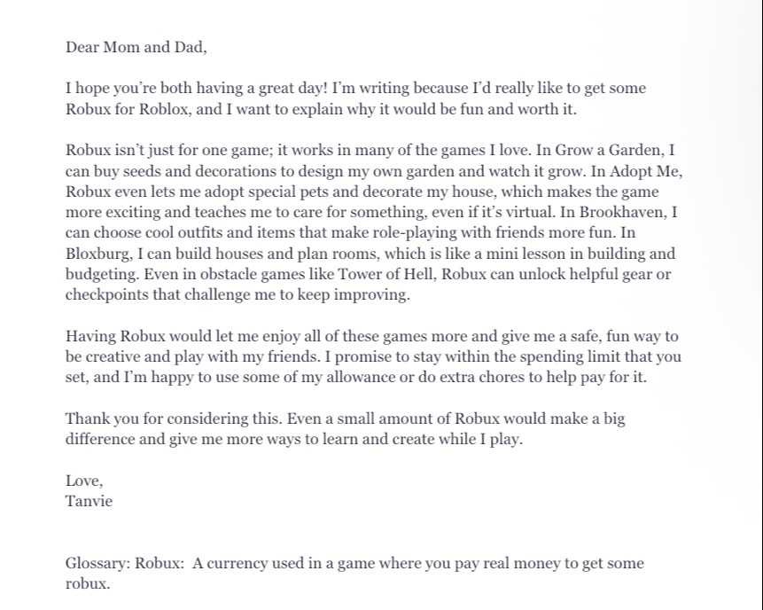 Trying to convince my parents to buy me me robux