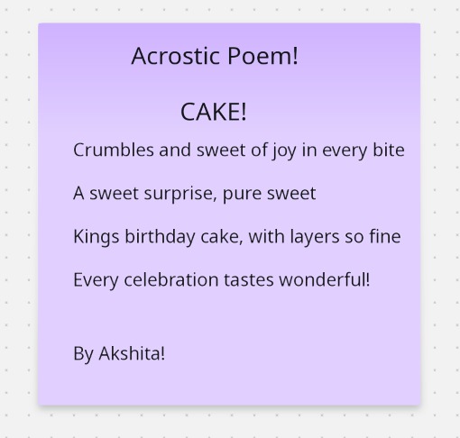 CAKE!- An Acrostic Poem by Akshita