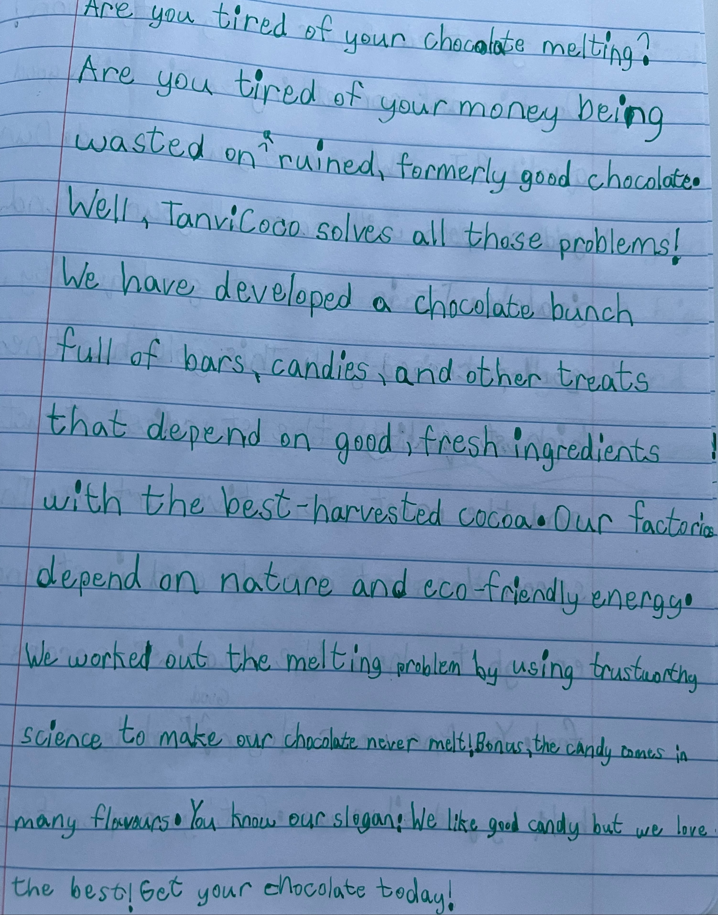 Creative Writing Homework: Never Melting Chocolate Advertisement