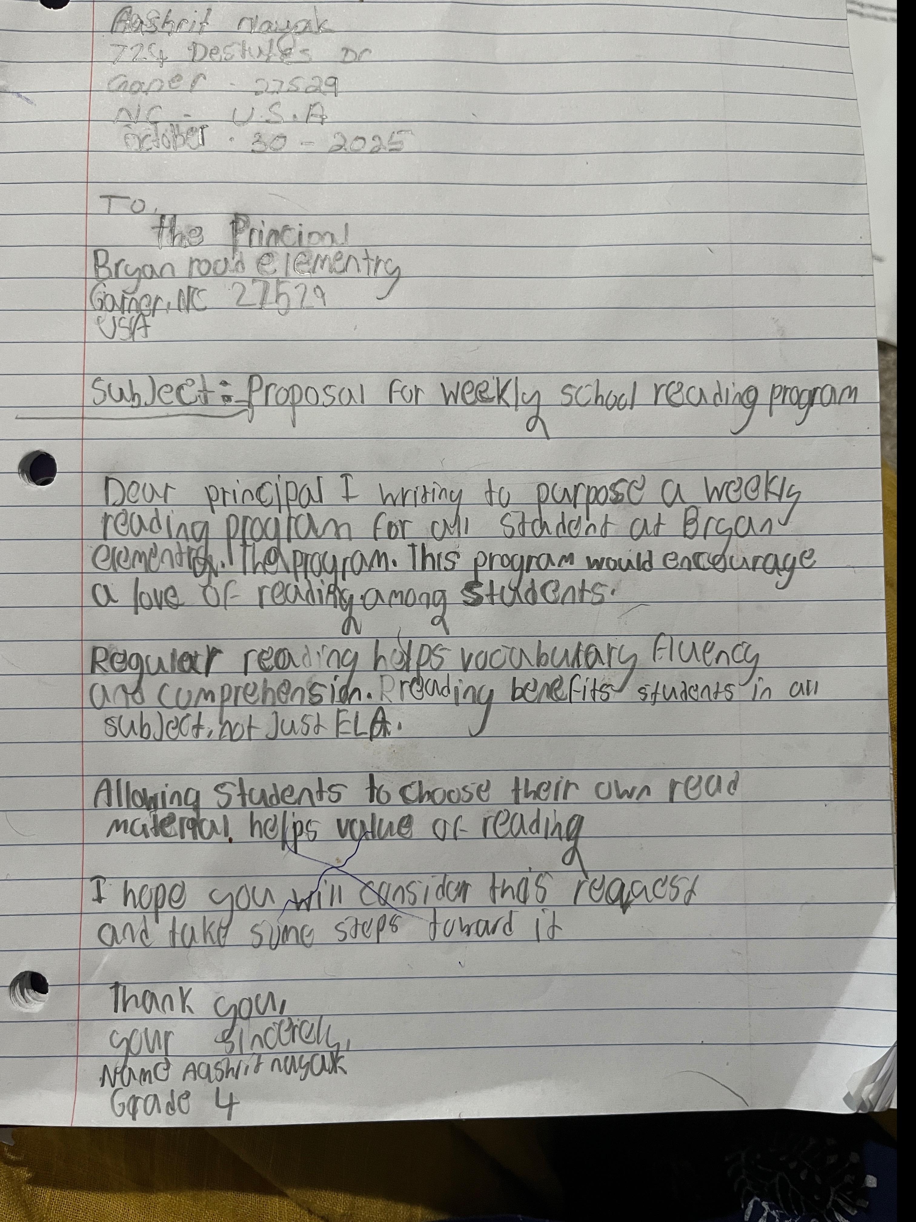 Letter to the Principal  for weekly reading hour